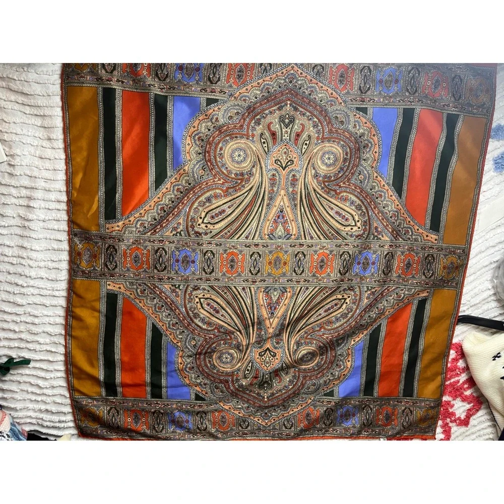 Vintage 70s Bohemian Psychedelic Paisley Square Scarf Japan Orange Blue RN 62944